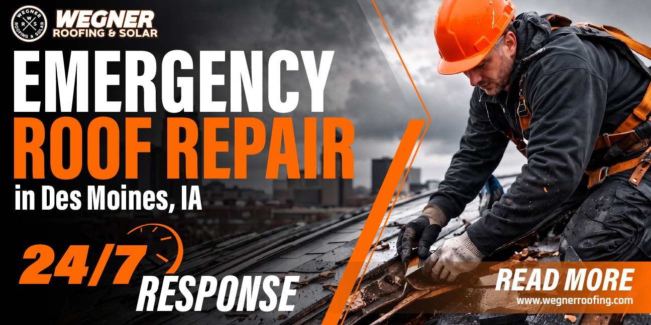 Emergency roof repair in Des Moines IA showing roofer fixing storm damaged roof during urgent 24/7 response service.