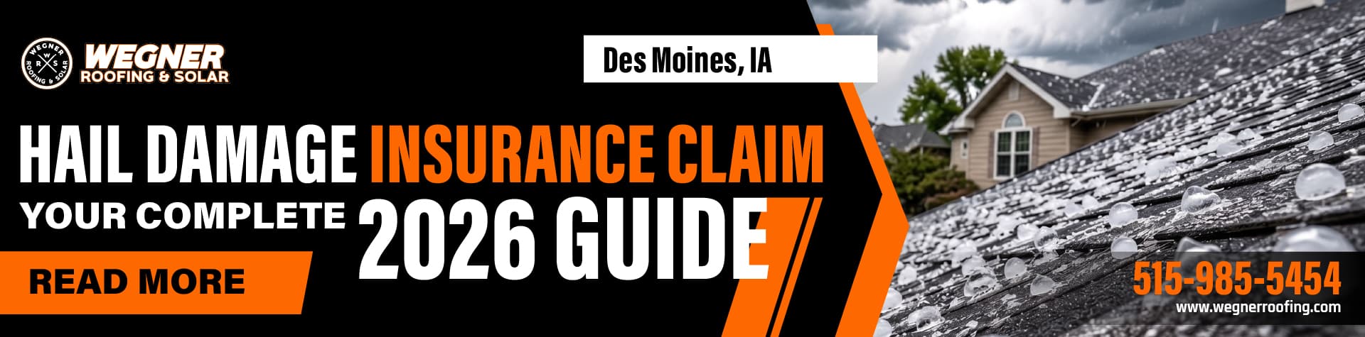 Hail damaged roof with ice impact showing hail damage insurance claim guide for Des Moines IA homeowners 2026
