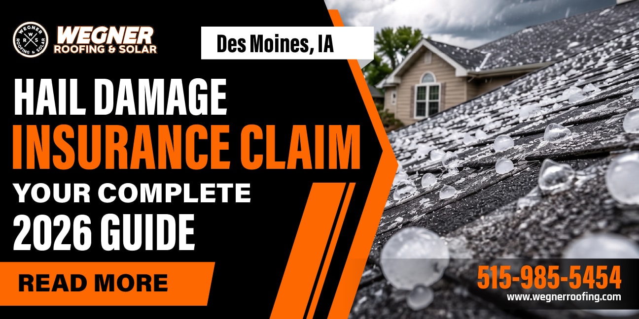 Hail damaged roof covered in ice balls showing hail damage insurance claim guide for Des Moines IA homeowners 2026
