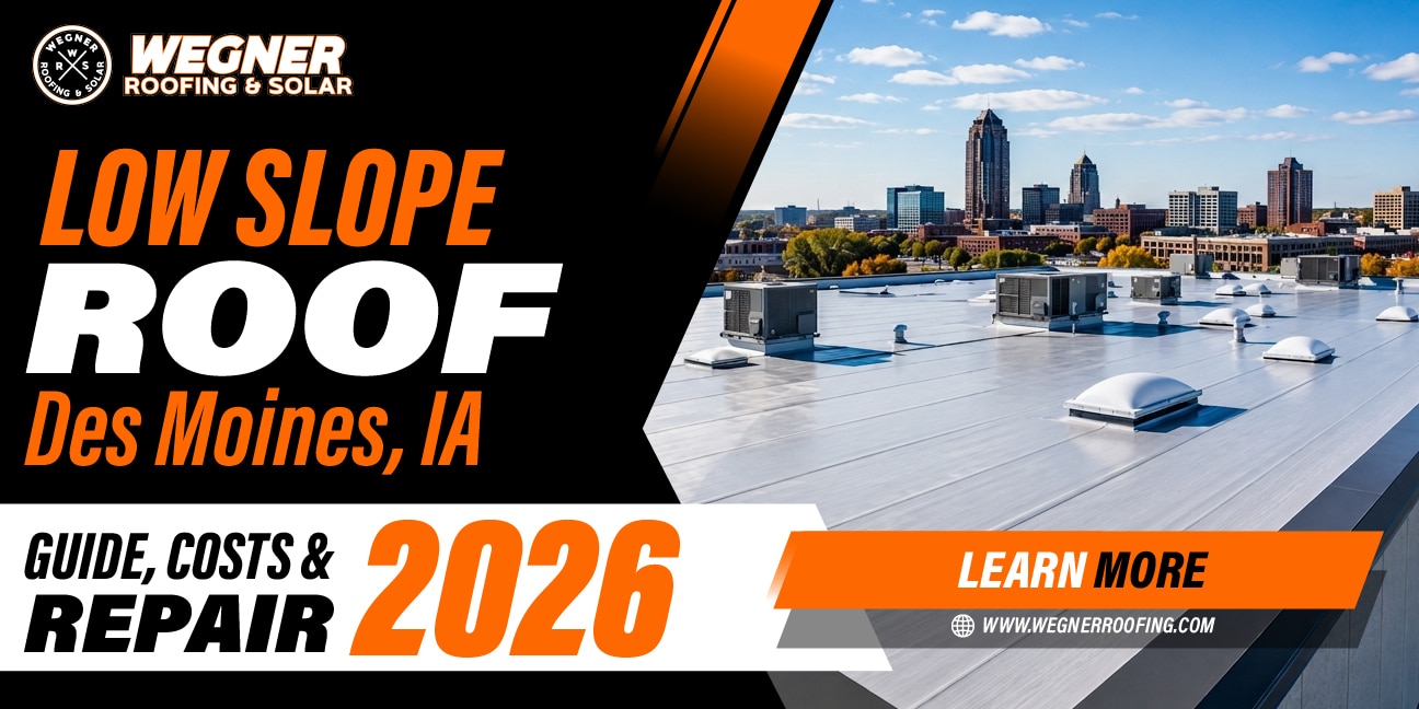 Low slope roof in Des Moines IA showing commercial flat roofing system with rooftop equipment and repair guide.